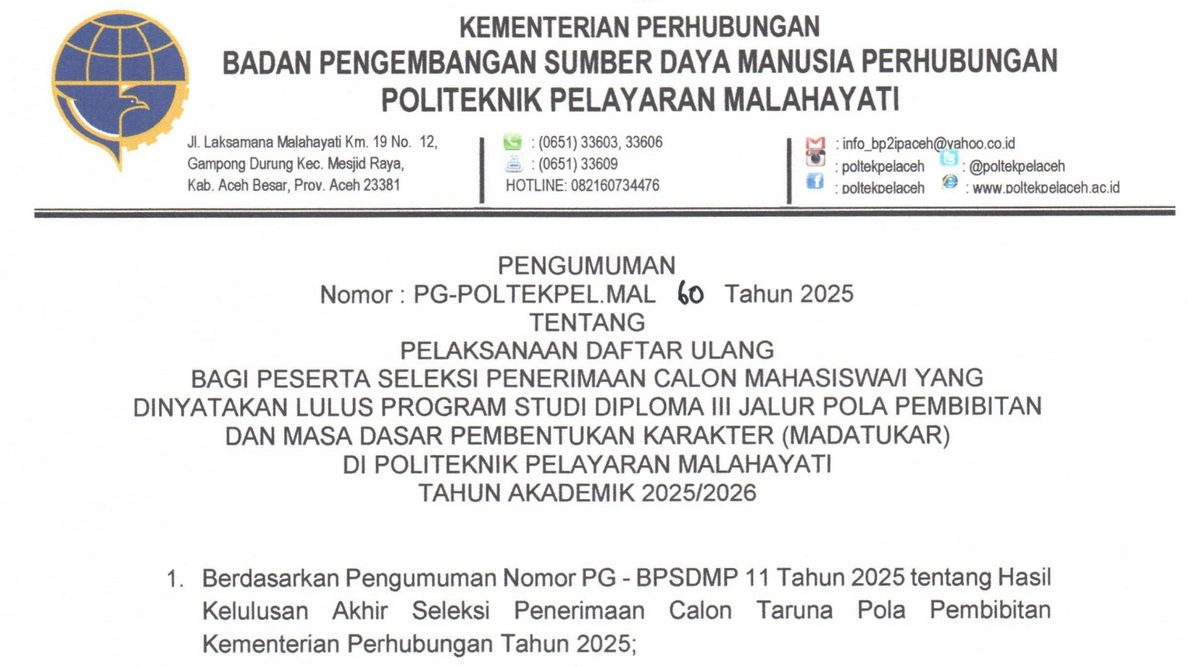 PENGUMUMAN DAFTAR ULANG CATAR POLA PEMBIBITAN ANGKATAN XIII TAHUN 2025